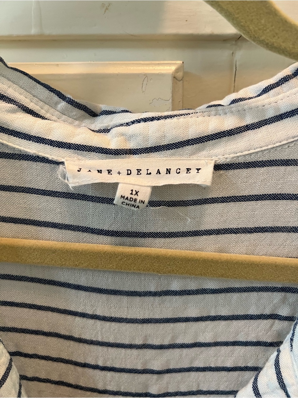 Jane and Delancey White Top with Blue Pinstripes V-Neck Tunic. 1x - Picture 2 of 6